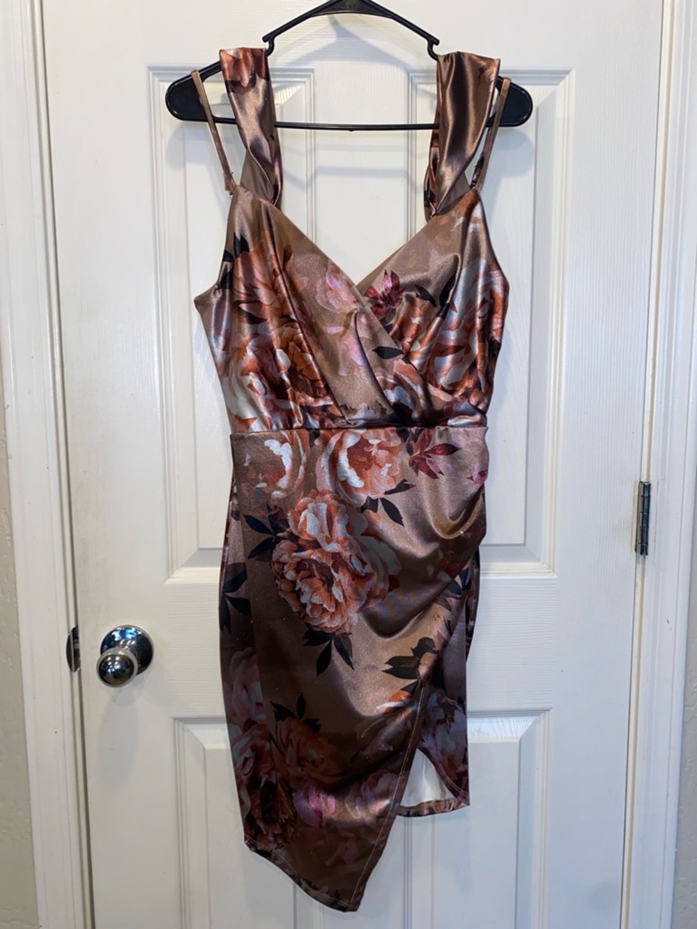 Windsor Bronze Satin Floral Asymmetrical Dress
